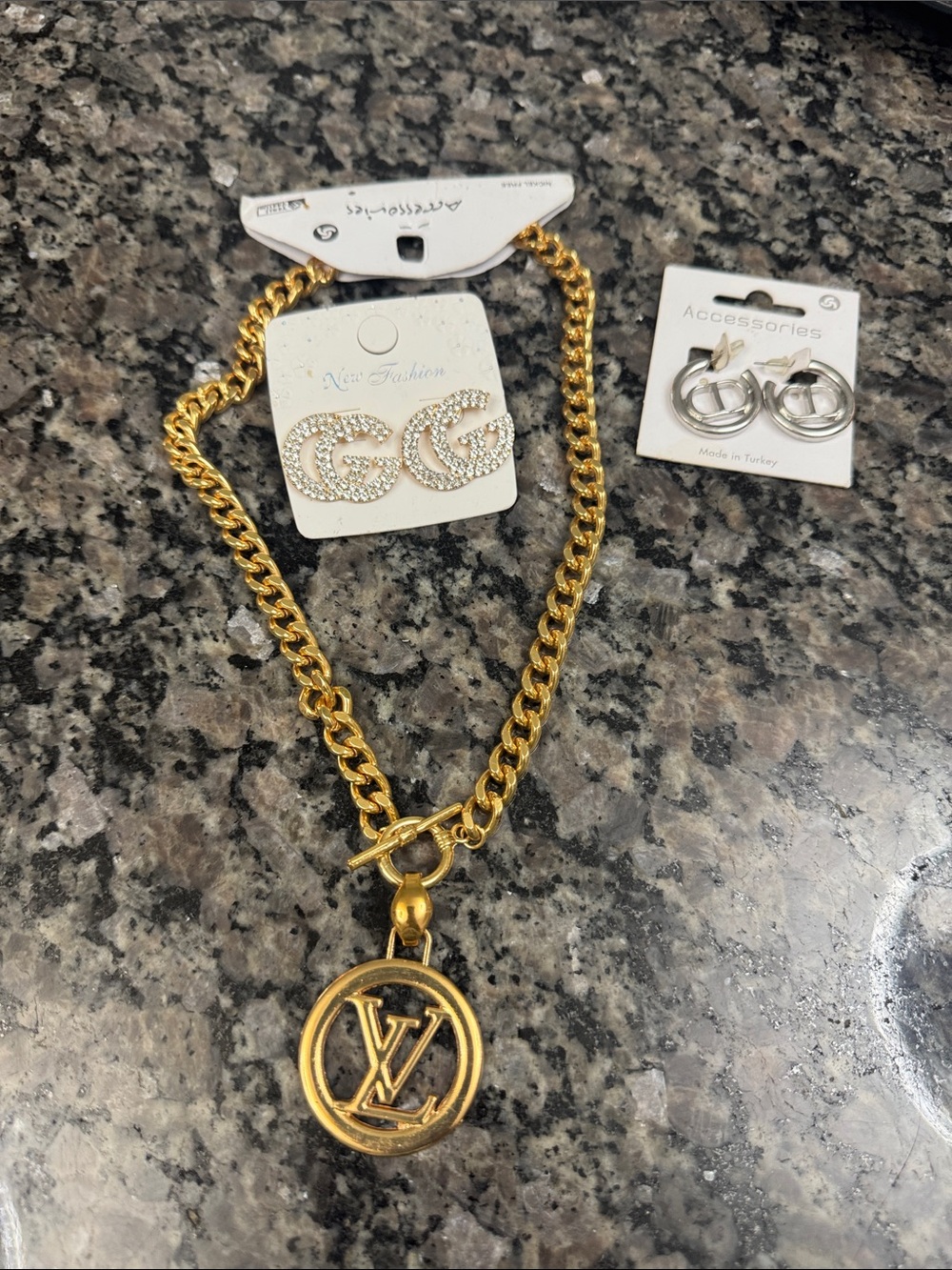 Gold-Tone Pendant Link Necklace with Logo Medallion toggle clasp NWT